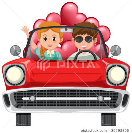 Couple in classic red car on white background Couple in classic red car on white background 89398806