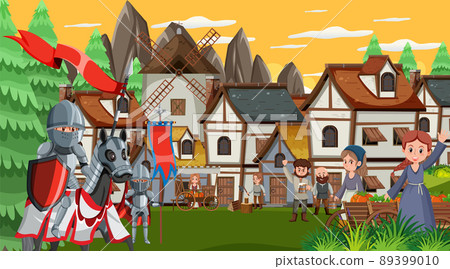 Medieval town scene with villagers 89399010