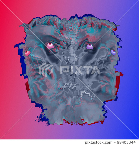 Collage with antique sculpture of human face in surreal style. Modern creative concept image with ancient statue head. Zine culture. Contemporary art poster. Funky punk minimalism. Unusual design. 89403344