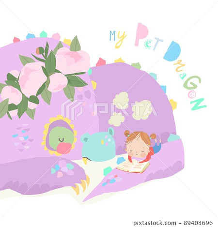 Cute Cartoon Girl reading Book with Her Pet Dragon 89403696
