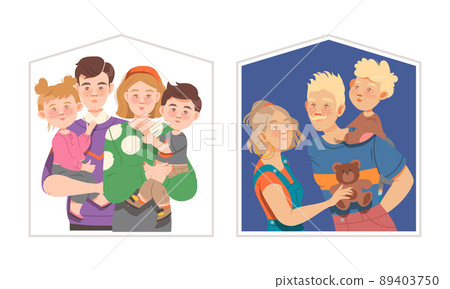 Happy families looking out of windows of house set cartoon vector illustration 89403750