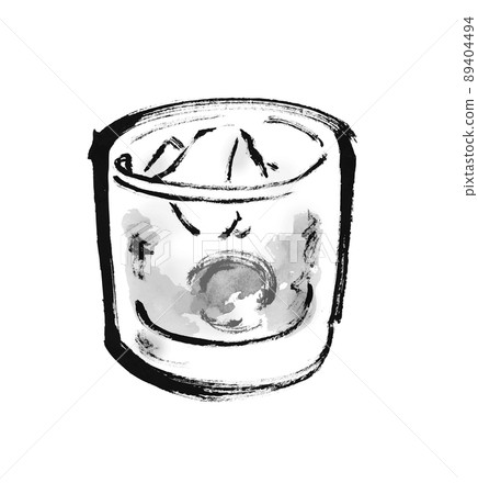 Hand-painted Japanese-style illustration of plum wine in a glass, monochrome Hand-painted Japanese-style illustration of plum wine in a glass, monochrome 89404494