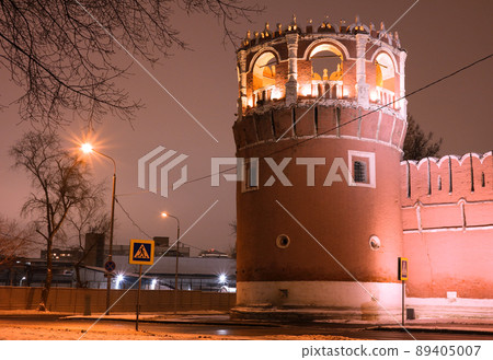 Night winter view to bastion and wall of Donskoy monastery at Moscow, Russia 89405007