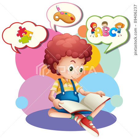 Boy and many thought bubbles Boy and many thought bubbles 89406237