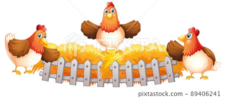 Chickens standing on hay Chickens standing on hay 89406241