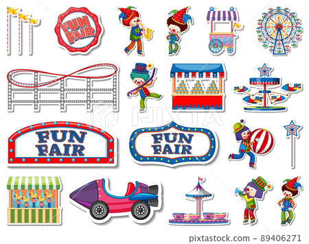 Sticker set of amusement park and fun fair objects 89406271