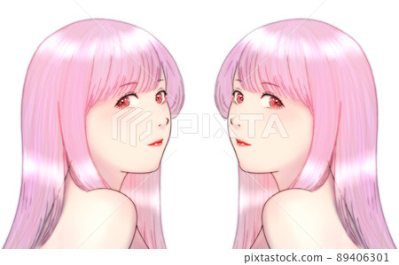 一個女人的彩色插圖，長有光澤的頭髮翻過她的肩膀 粉紅色的頭髮 粉紅色的眼睛 對稱集 89406301