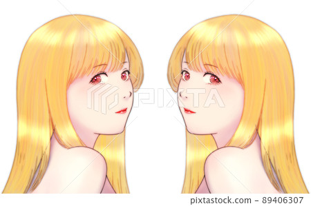 Color illustration of a woman with long glossy hair turning over her shoulder, blonde, pink eyes, symmetrical set Color illustration of a woman with long glossy hair turning over her shoulder, blonde, pink eyes, symmetrical set 89406307