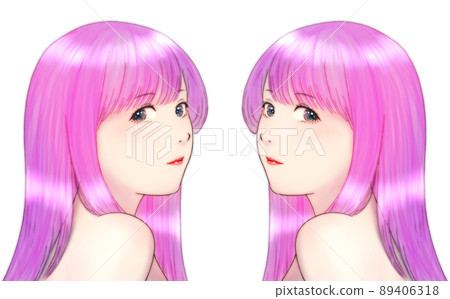 Color illustration of a woman with long glossy hair turning over her shoulder Purple hair Symmetrical set Color illustration of a woman with long glossy hair turning over her shoulder Purple hair Symmetrical set 89406318