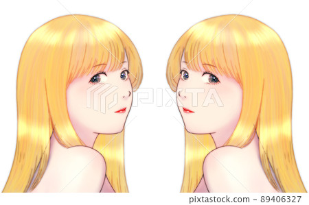 Color illustration of a woman with long glossy hair turning over her shoulder, blonde, symmetrical set 89406327