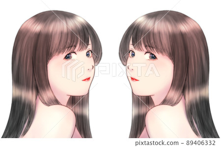 A symmetrical set of color illustrations of a woman with long shiny hair who turned around her shoulders. 89406332