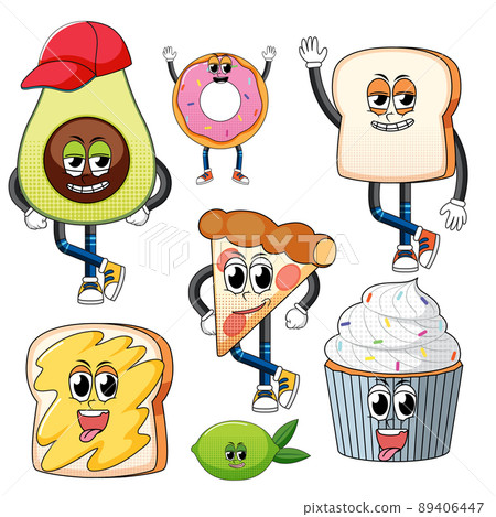 Set of facial expression with vintage style food cartoon on white background 89406447