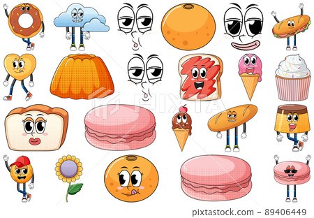 Set of facial expression with vintage style food cartoon on white background 89406449