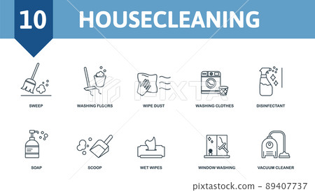 Housecleaning set icon. Editable icons housecleaning theme such as sweep, wipe dust, disinfectant and more. 89407737