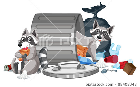 Two raccoon eating food from the trash Two raccoon eating food from the trash 89408348