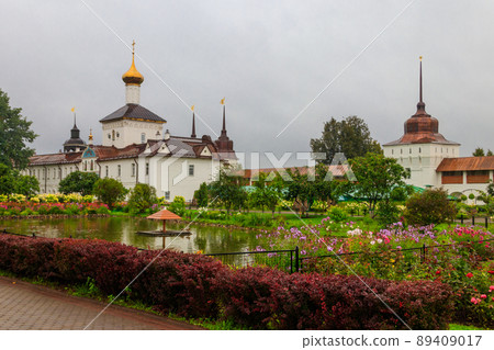 Church of St. Nicholas the Wonderworker and garden pond in Tolga convent in Yaroslavl, Russia Church of St. Nicholas the Wonderworker and garden pond in Tolga convent in Yaroslavl, Russia 89409017