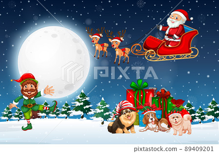 Snowy winter night with Santa Claus on sleigh 89409201