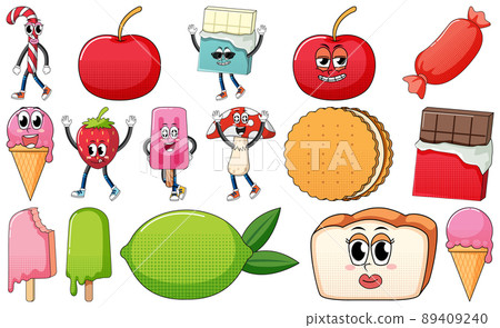 Set of facial expression with vintage style food cartoon on white background Set of facial expression with vintage style food cartoon on white background 89409240