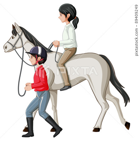 A girl riding on a horse with hostler on white background 89409249