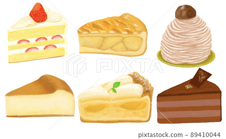 A set of strawberry shortcake, apple pie, Mont Blanc, cheesecake, pear tart, and chocolate cake 89410044