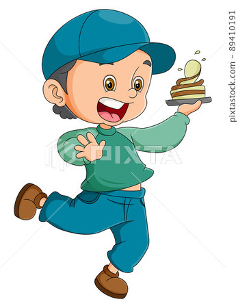 The boy is running while holding a cake to serve the guest 89410191