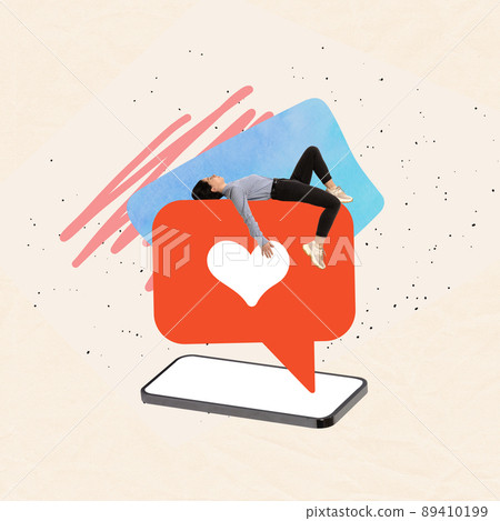 Contemporary art collage. Young woman lying on giant like icon appearing from phone screen. Modern issues Contemporary art collage. Young woman lying on giant like icon appearing from phone screen. Modern issues 89410199