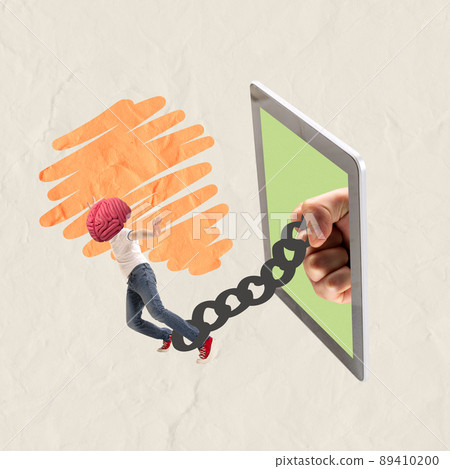 Contemporary art collage. Male hand sticking out tablet and holding man with chain symbolizing addiction of media Contemporary art collage. Male hand sticking out tablet and holding man with chain symbolizing addiction of media 89410200