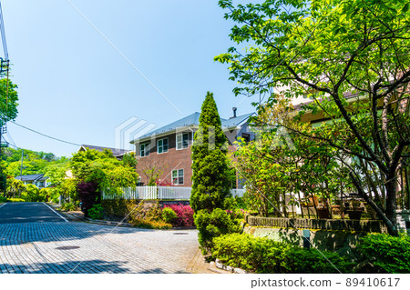 郊區獨棟住宅區，綠樹成蔭，鮮花盛開。豪華安靜的住宅區，街道上佈滿了街區。 89410617