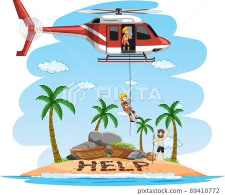 Island scene with rescue in cartoon style Island scene with rescue in cartoon style 89410772