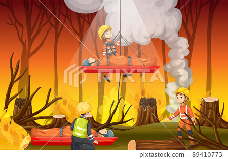 Wildfire scene with firerman rescue in cartoon style Wildfire scene with firerman rescue in cartoon style 89410773