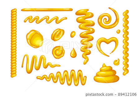 Yellow mustard spots,splashes and drops sets from top view. Yellow mustard spots,splashes and drops sets from top view. 89412106
