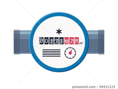Water meter. Automatic meters for cold and warm water. Household or industrial measuring sanitary equipment in flat style. Vector illustration isolated on white background 89412124