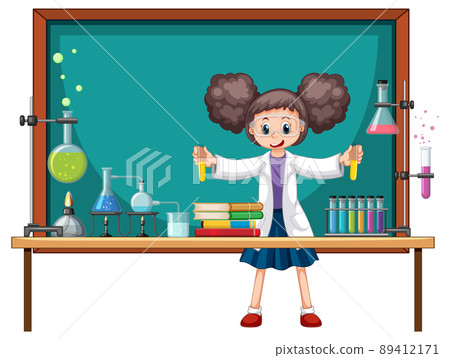 Scientist cartoon character with science lab objects Scientist cartoon character with science lab objects 89412171