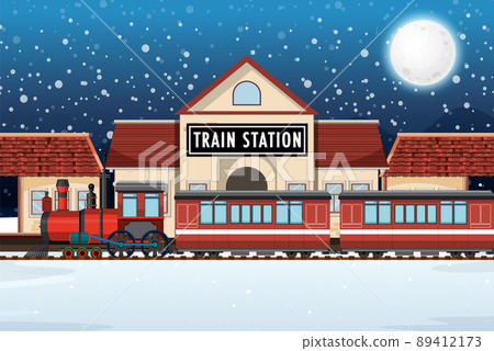 Train station scene with steam locomotive 89412173
