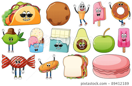 Set of facial expression with vintage style food cartoon on white background Set of facial expression with vintage style food cartoon on white background 89412189