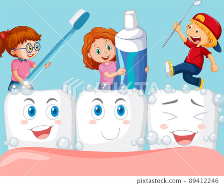 Happy little boy and girls cleaning big happy teeth on blue background 89412246