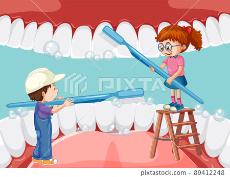Happy kids brushing whiten teeth with a toothbrush inside human mouth 89412248