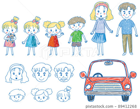 A paper with a doodle design of family and car with color 89412268
