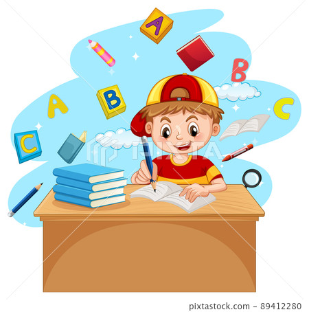 A boy doing homework with books on white background 89412280