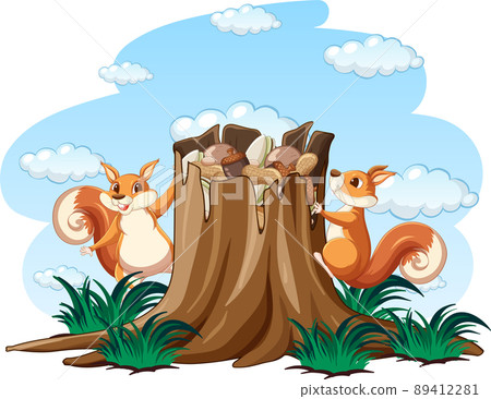 Two squirrels and nuts in the garden Two squirrels and nuts in the garden 89412281
