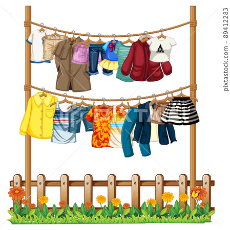Many clothes hanging on clothesline 89412283
