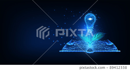 Futuristic ecological creative learning concept with glowing open book, plant and lightbulb  89412338