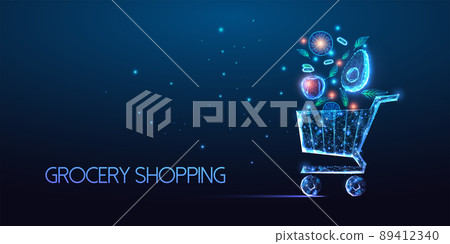Futuristic online grocery shopping concept with glowing shopping cart full of fruits and vegetables 89412340