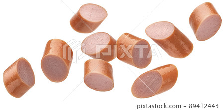 Sausage slices isolated on white background, full depth of field 89412443