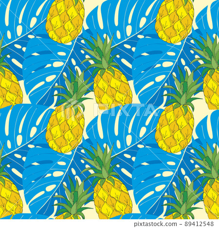Summer pattern with pineapple doodle and blue monstera leaves Summer pattern with pineapple doodle and blue monstera leaves 89412548