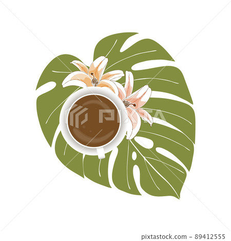 Coffee cup with lilies and monstera leaf Good Morning breakfast isolated white background. Coffee cup with lilies and monstera leaf Good Morning breakfast isolated white background. 89412555