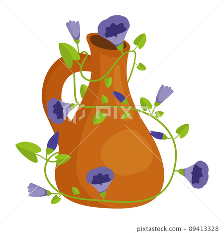 Crock entwined with flowers. Blue flowers. Vector isolated image on a white background. 89413328