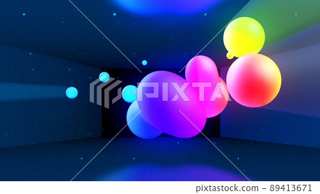 3d render. Spheres or balls in room merge like liquid wax drops or metaballs in-air. Liquid gradient of rainbow colors on drops with multi-colored glow, scattering light inside. 3d render. Spheres or balls in room merge like liquid wax drops or metaballs in-air. Liquid gradient of rainbow colors on drops with multi-colored glow, scattering light inside. 89413671