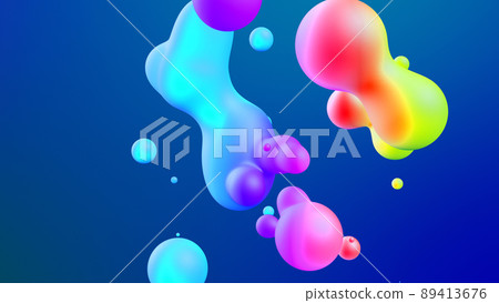 3d render. Spheres or balls merge like liquid wax drops or metaballs in-air. Liquid gradient of rainbow colors on beautiful drops with multi-colored glow, scattering light inside. 3d render. Spheres or balls merge like liquid wax drops or metaballs in-air. Liquid gradient of rainbow colors on beautiful drops with multi-colored glow, scattering light inside. 89413676