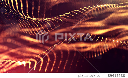 3d render of golden red glow particles in air as science fiction of microcosm or macro world. Abstract sci-fi background with depth of field and glowing particles, bokeh effects. 89413688